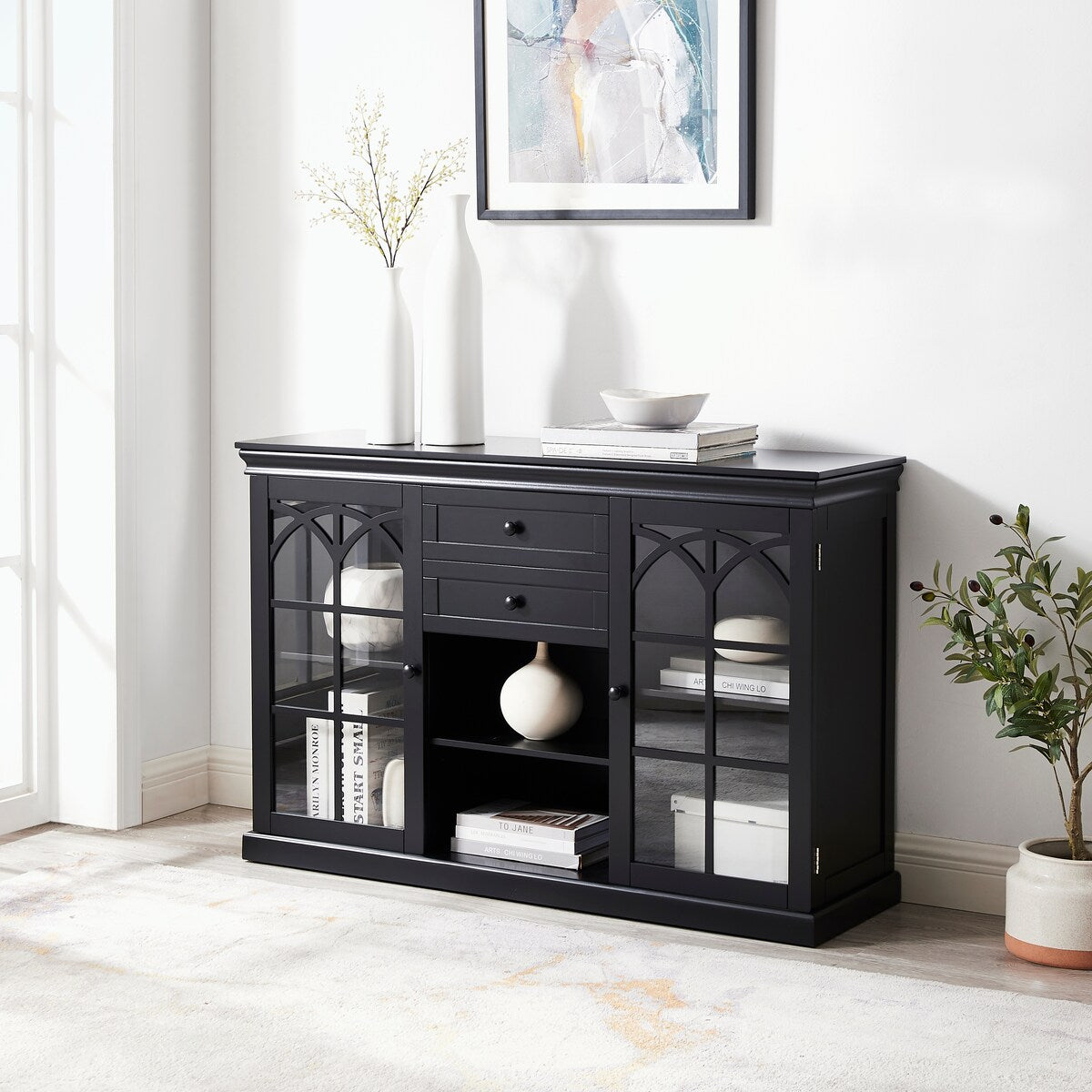Sideboard Buffet Cabinet with Drawers and Glass Fretwork Doors
