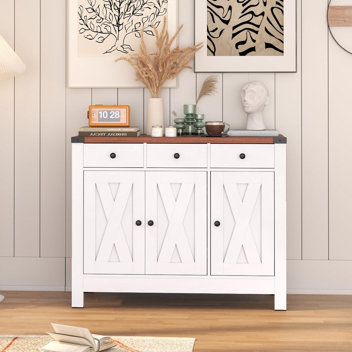 Kitchen Sideboard Buffet Storage Cabinet Coffee Bar Cabinet Pantry with 3 Drawers and Adjustable shelf