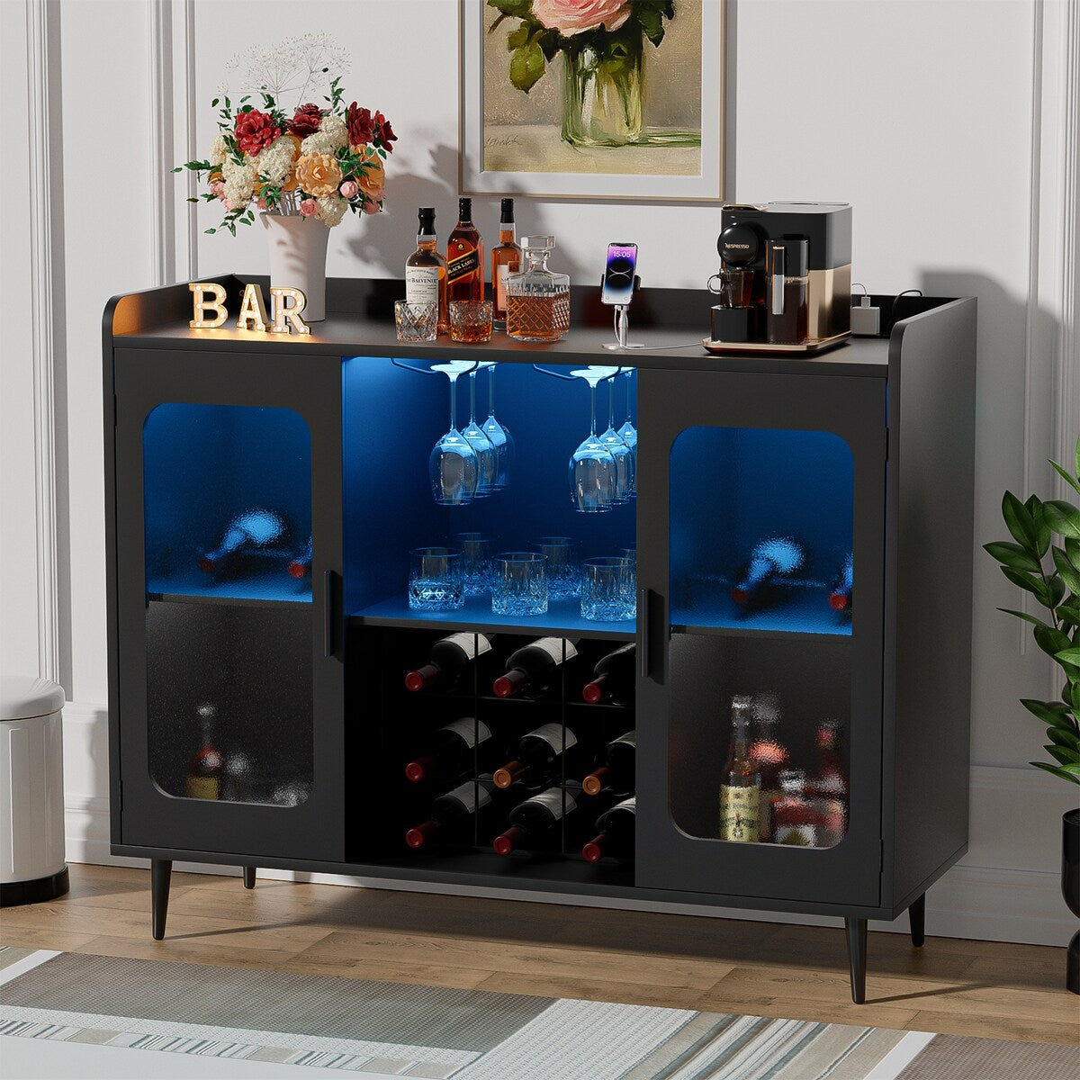 Sideboard Buffet Industrial Bar Cabinet with Wine Holder