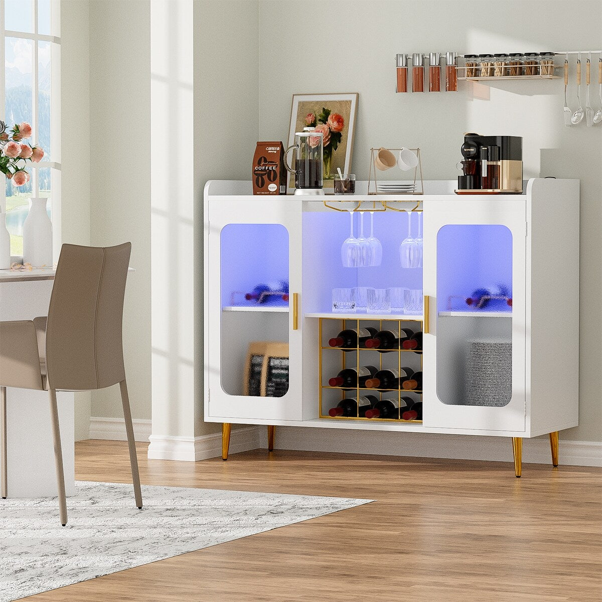 Liquor Cabinet Bar with Power Outlet and LED Light, Wine Buffet Sideboard with Wine and Glasses Rack