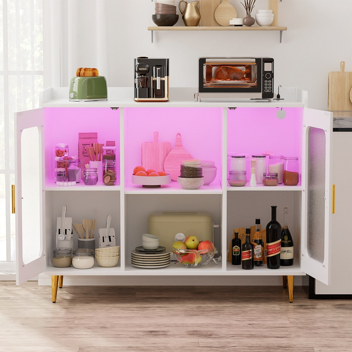 Liquor Cabinet Bar with Power Outlet and LED Light, Wine Buffet Sideboard with Wine and Glasses Rack