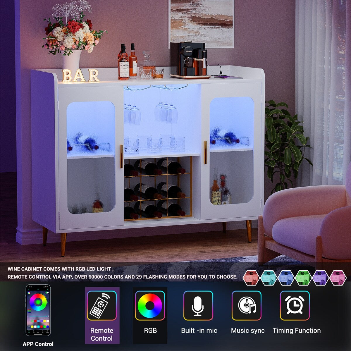 Liquor Cabinet Bar with Power Outlet and LED Light, Wine Buffet Sideboard with Wine and Glasses Rack
