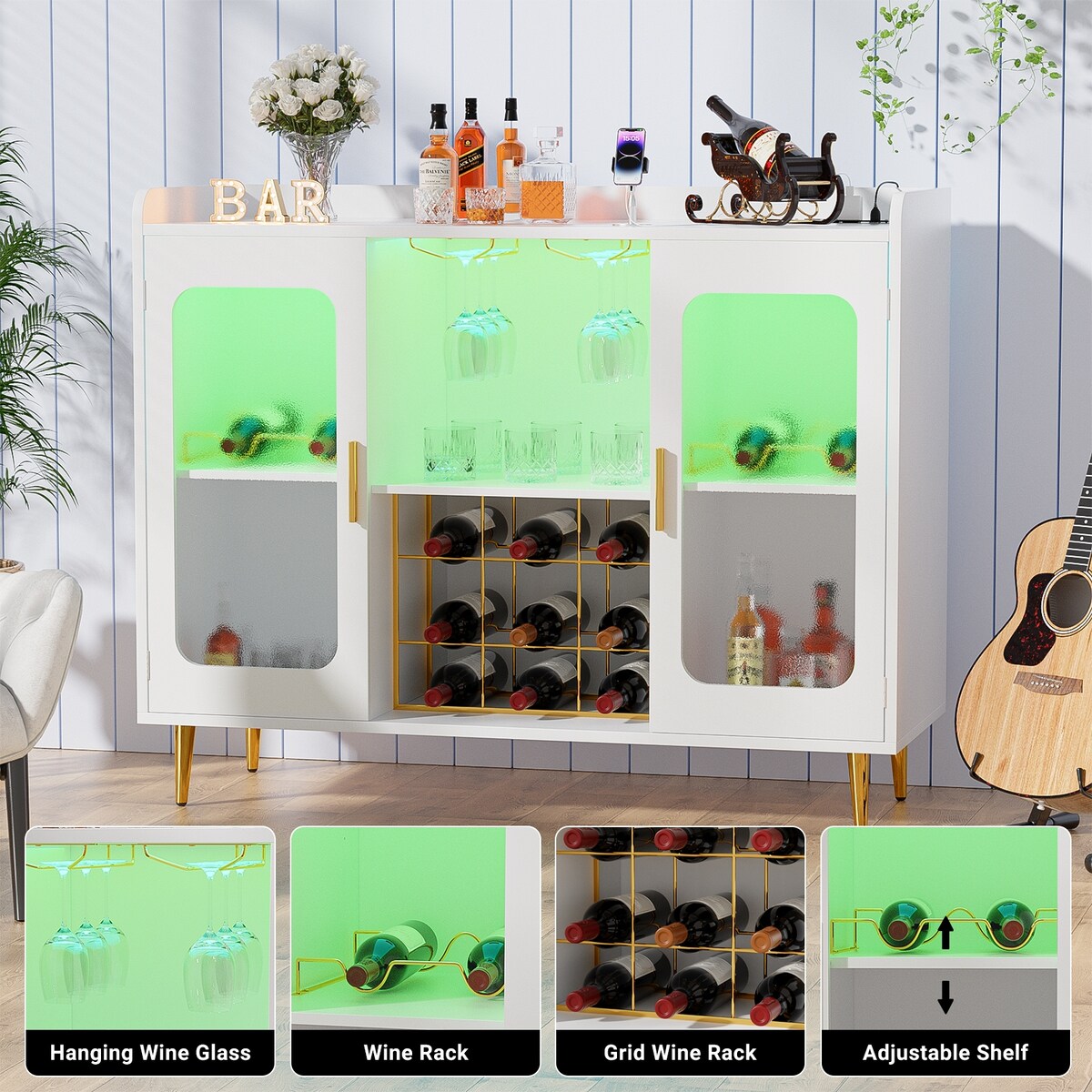 Liquor Cabinet Bar with Power Outlet and LED Light, Wine Buffet Sideboard with Wine and Glasses Rack