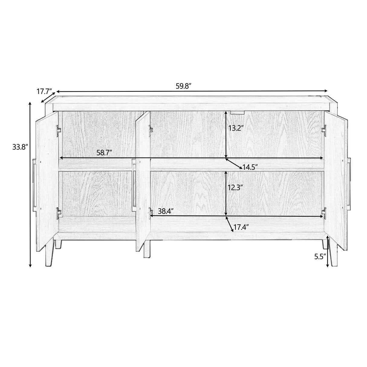 Sideboard Wooden Cabinet with 3 Metal handles and 3 Doors