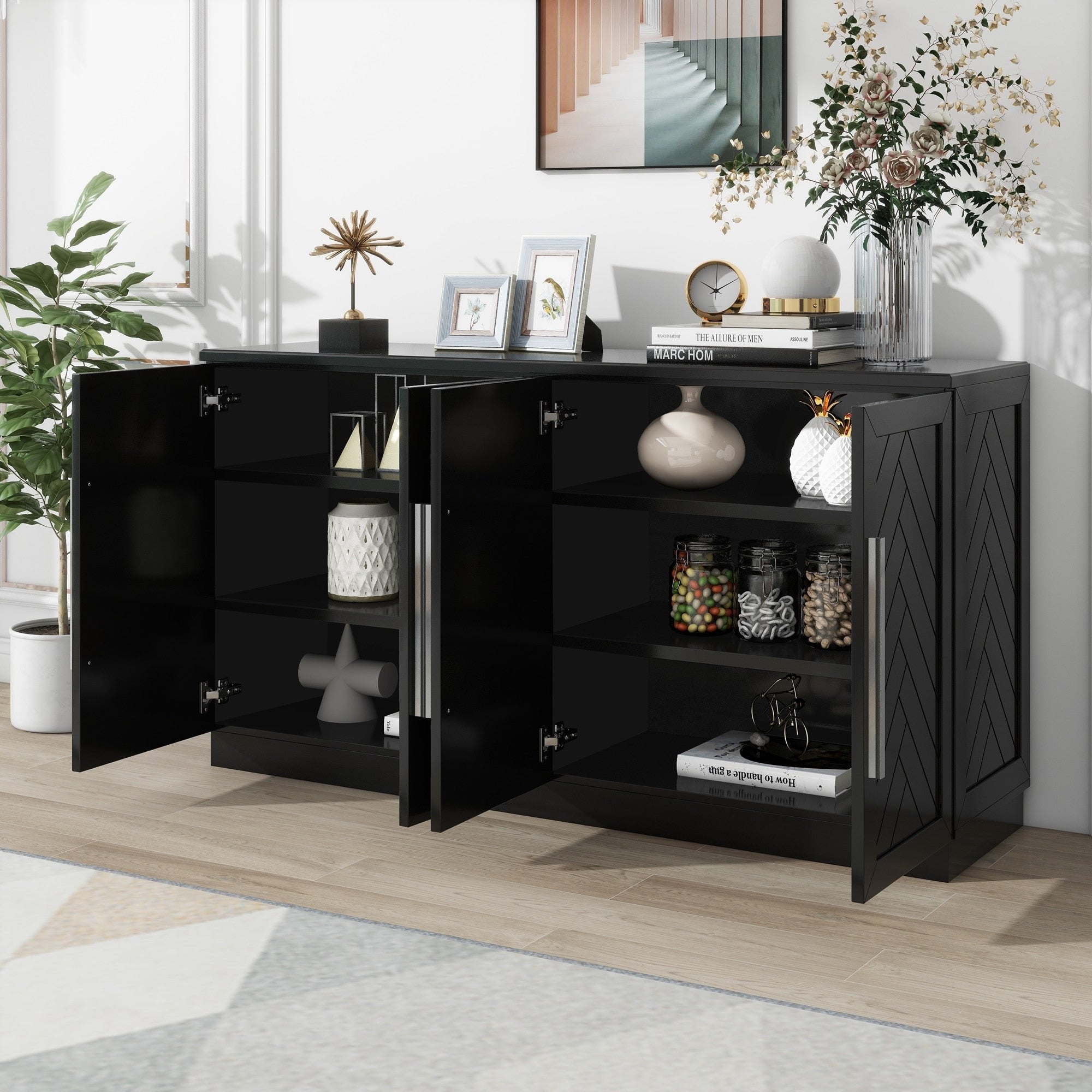 Sideboard with 4 Doors Large Storage Space Buffet Cabinet Black