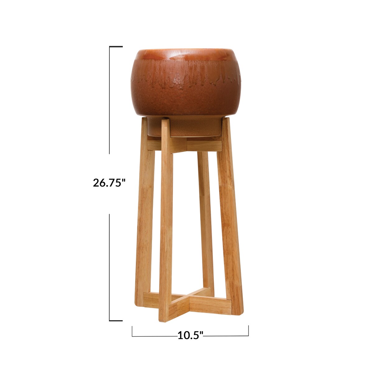 Sienna Color Stoneware Planter with Wood Stand - Brown