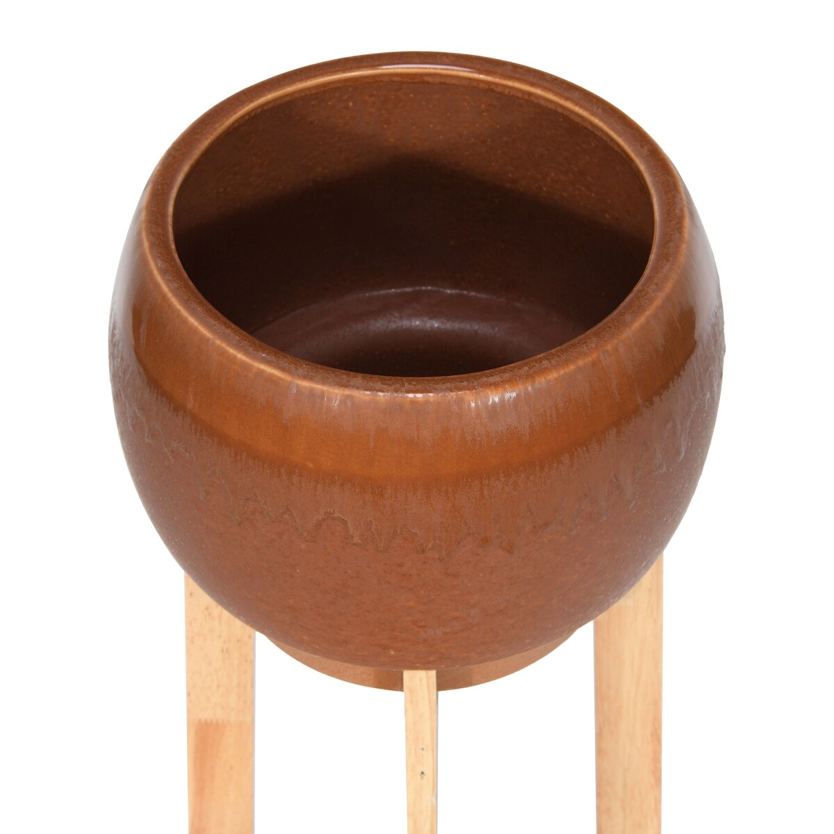 Sienna Color Stoneware Planter with Wood Stand - Brown