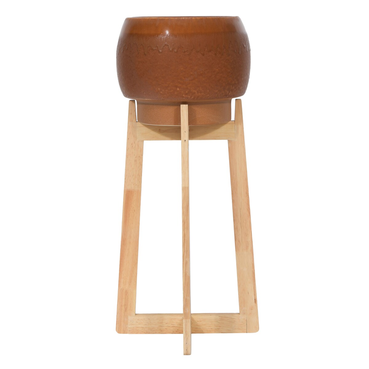 Sienna Color Stoneware Planter with Wood Stand - Brown