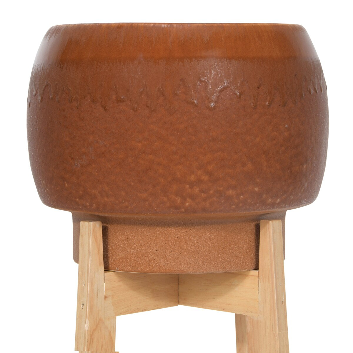 Sienna Color Stoneware Planter with Wood Stand - Brown