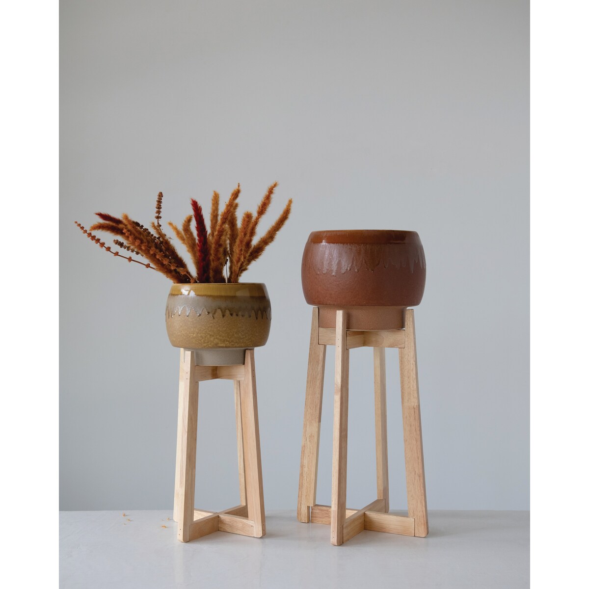 Sienna Color Stoneware Planter with Wood Stand - Brown