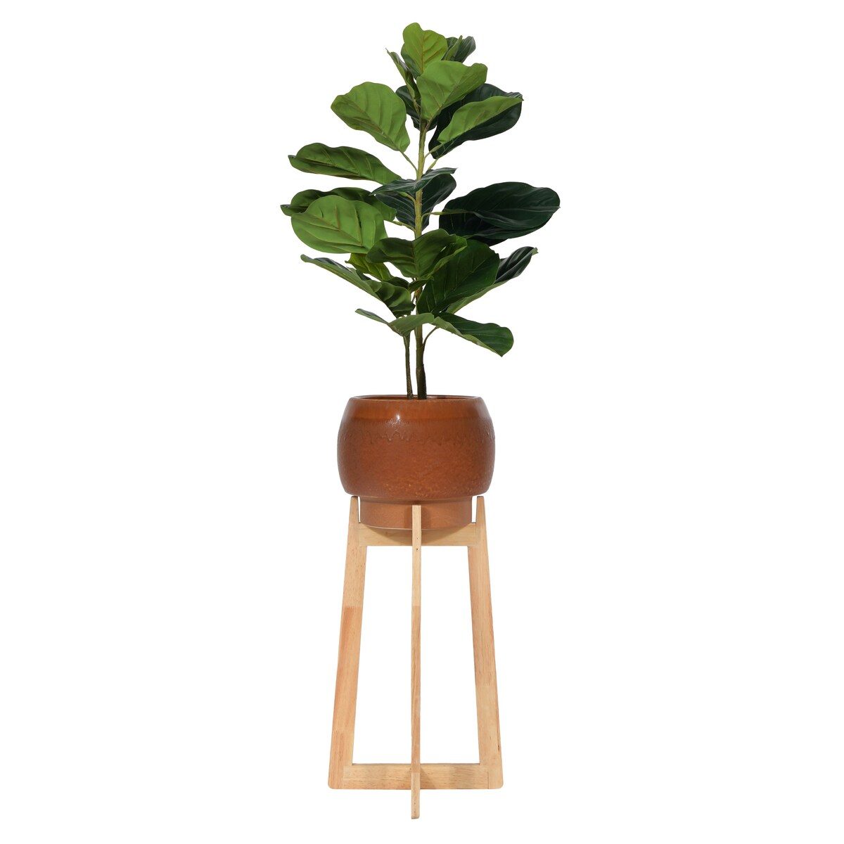 Sienna Color Stoneware Planter with Wood Stand - Brown