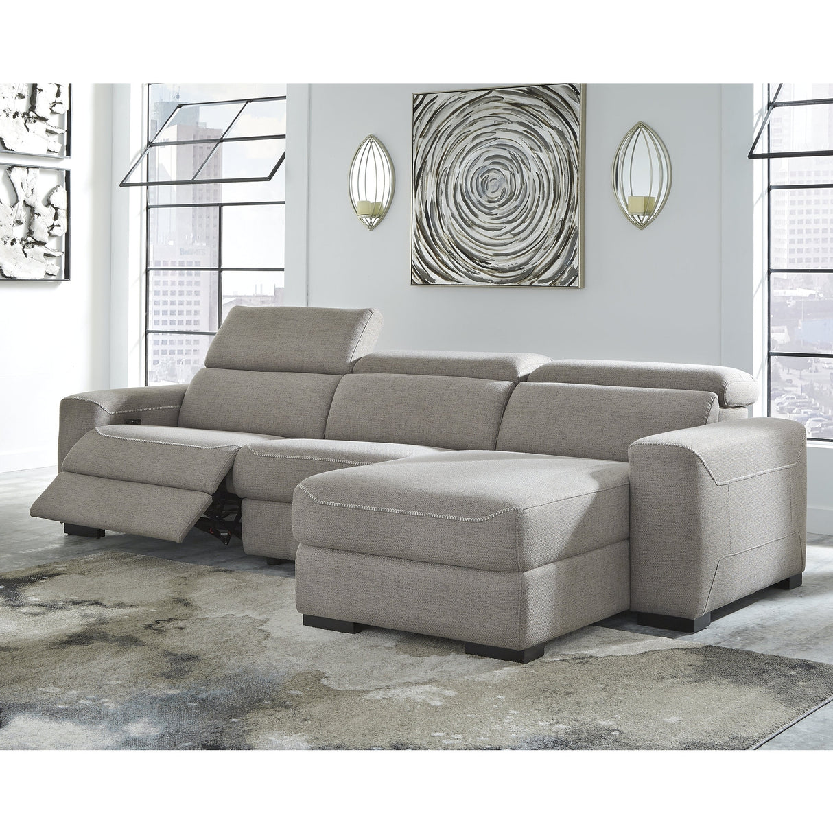 Signature Design by Ashley Mabton Gray 3-Piece Power Reclining Sectional - 118" W x 67.5" D x 31" H