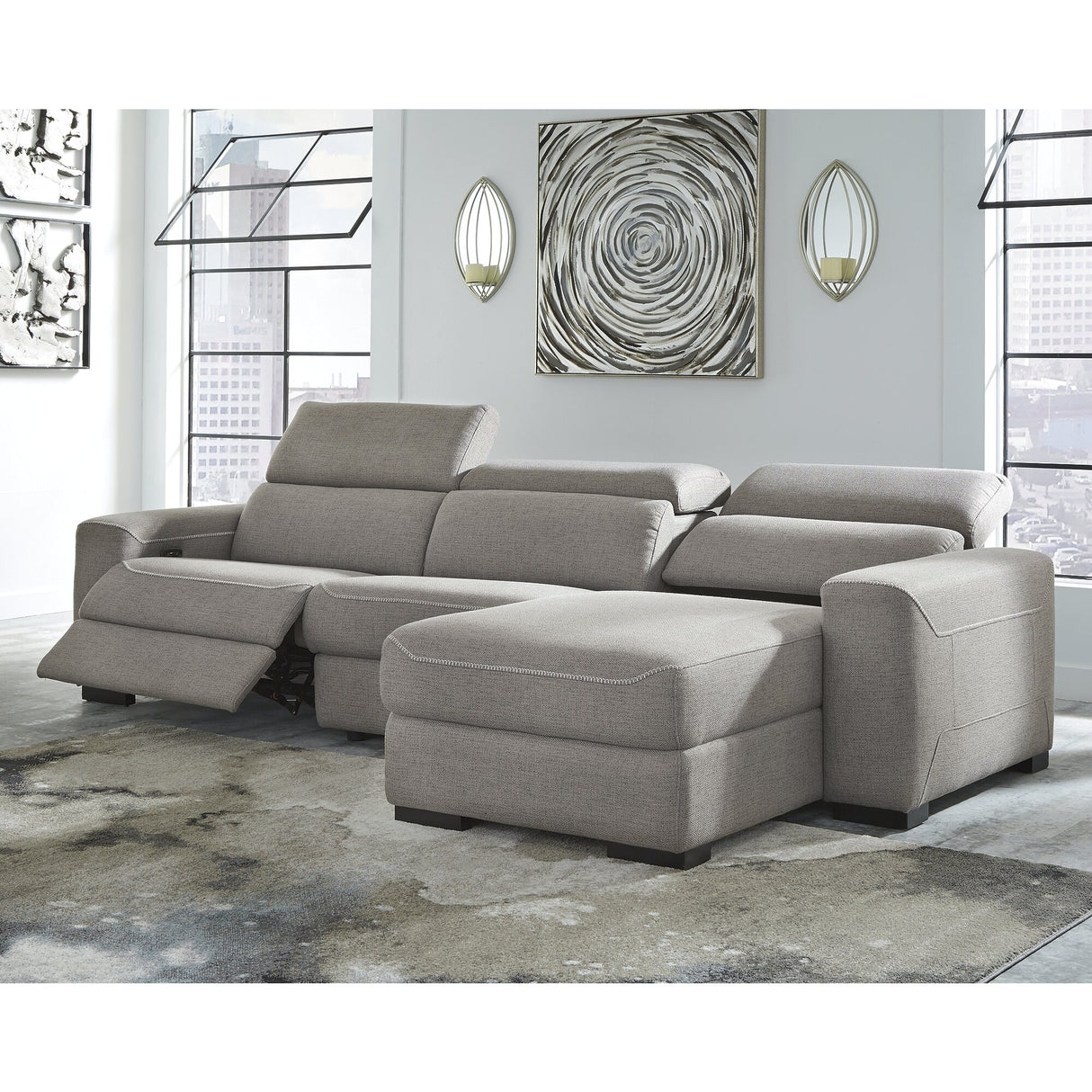 Signature Design by Ashley Mabton Gray 3-Piece Power Reclining Sectional - 118" W x 67.5" D x 31" H