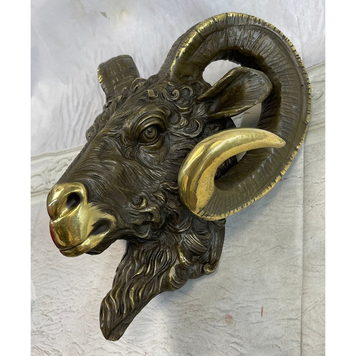 Signed Original Mascot Ram Head Bronze Sculpture Marble Base Statue Figurine Art
