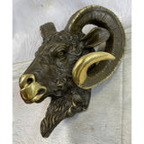 Signed Original Mascot Ram Head Bronze Sculpture Marble Base Statue Figurine Art