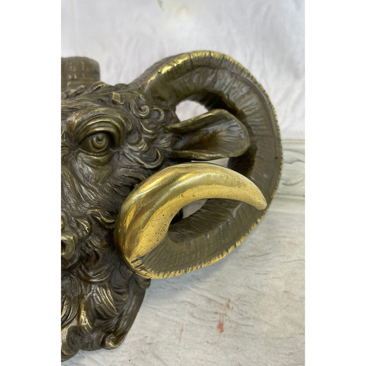 Signed Original Mascot Ram Head Bronze Sculpture Marble Base Statue Figurine Art