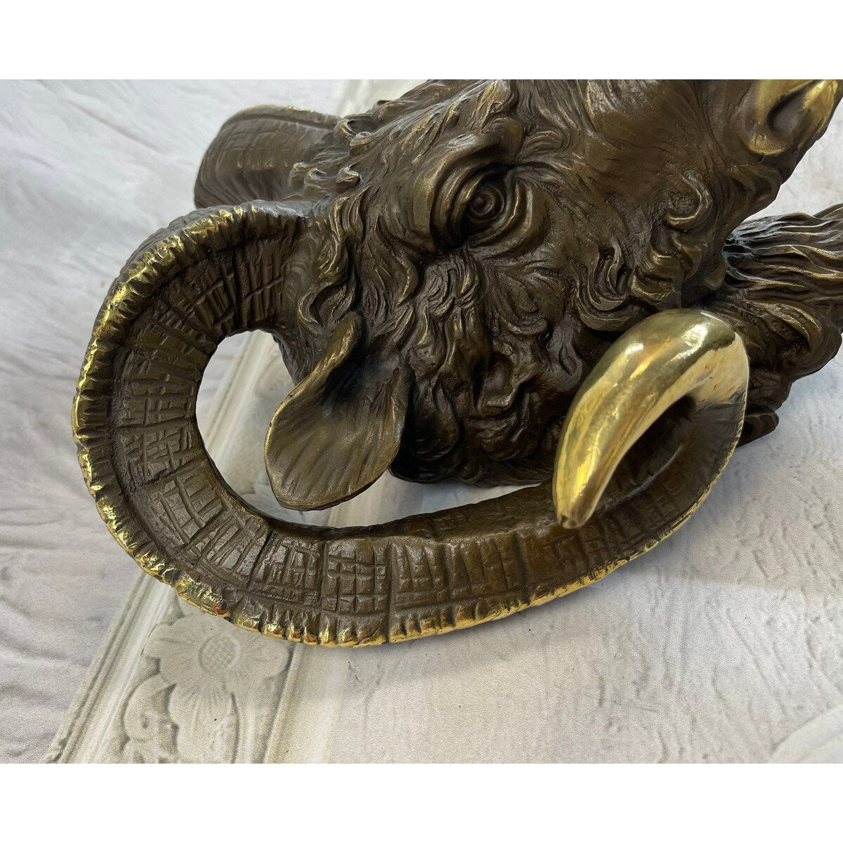 Signed Original Mascot Ram Head Bronze Sculpture Marble Base Statue Figurine Art