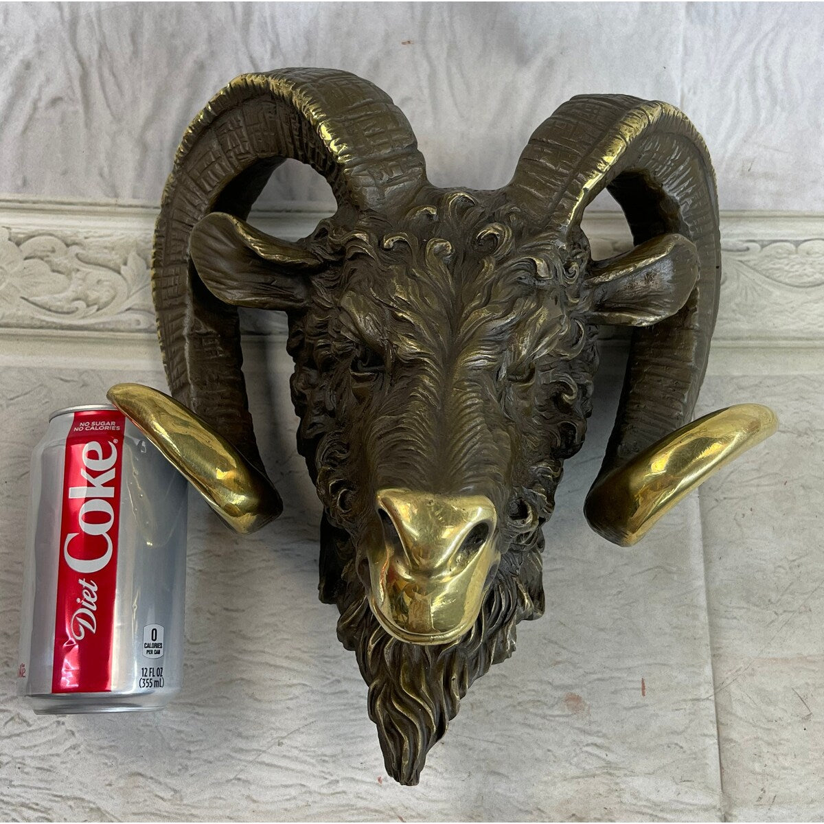 Signed Original Mascot Ram Head Bronze Sculpture Marble Base Statue Figurine Art