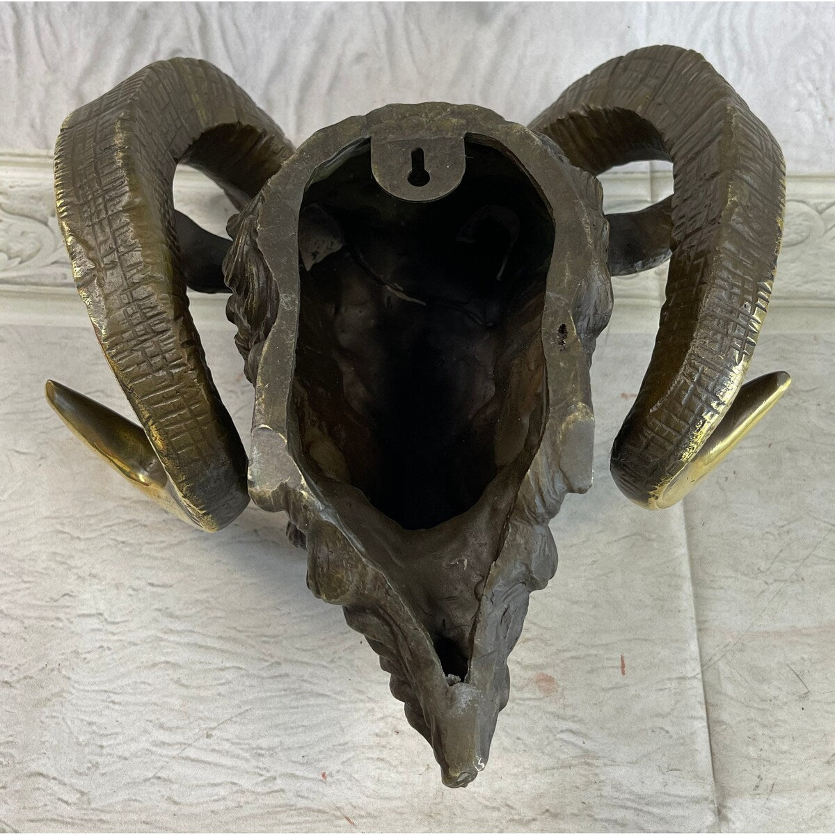 Signed Original Mascot Ram Head Bronze Sculpture Marble Base Statue Figurine Art