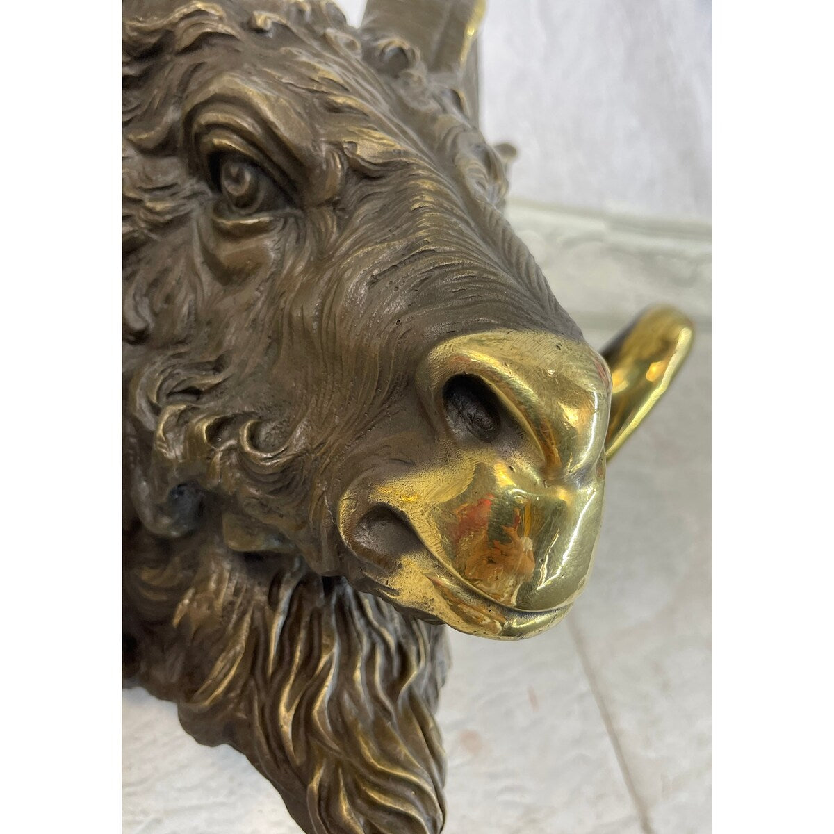 Signed Original Mascot Ram Head Bronze Sculpture Marble Base Statue Figurine Art