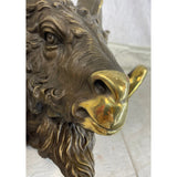 Signed Original Mascot Ram Head Bronze Sculpture Marble Base Statue Figurine Art