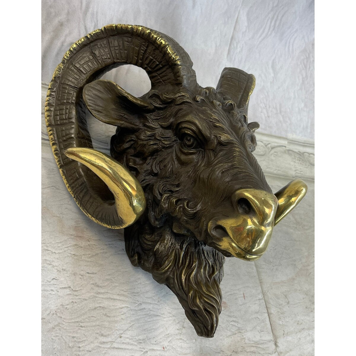 Signed Original Mascot Ram Head Bronze Sculpture Marble Base Statue Figurine Art
