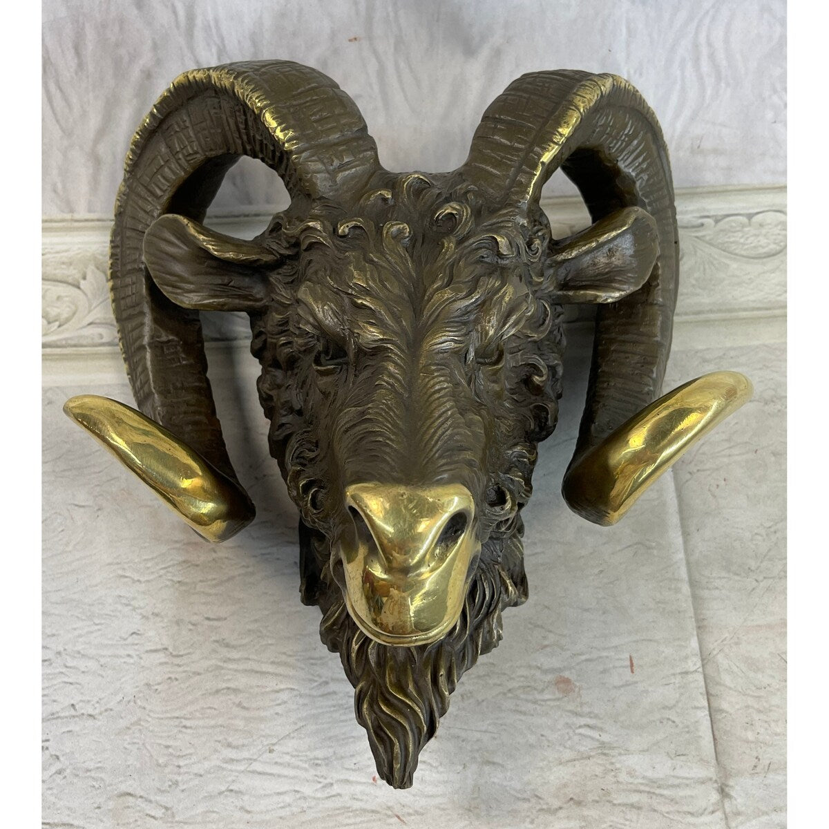 Signed Original Mascot Ram Head Bronze Sculpture Marble Base Statue Figurine Art