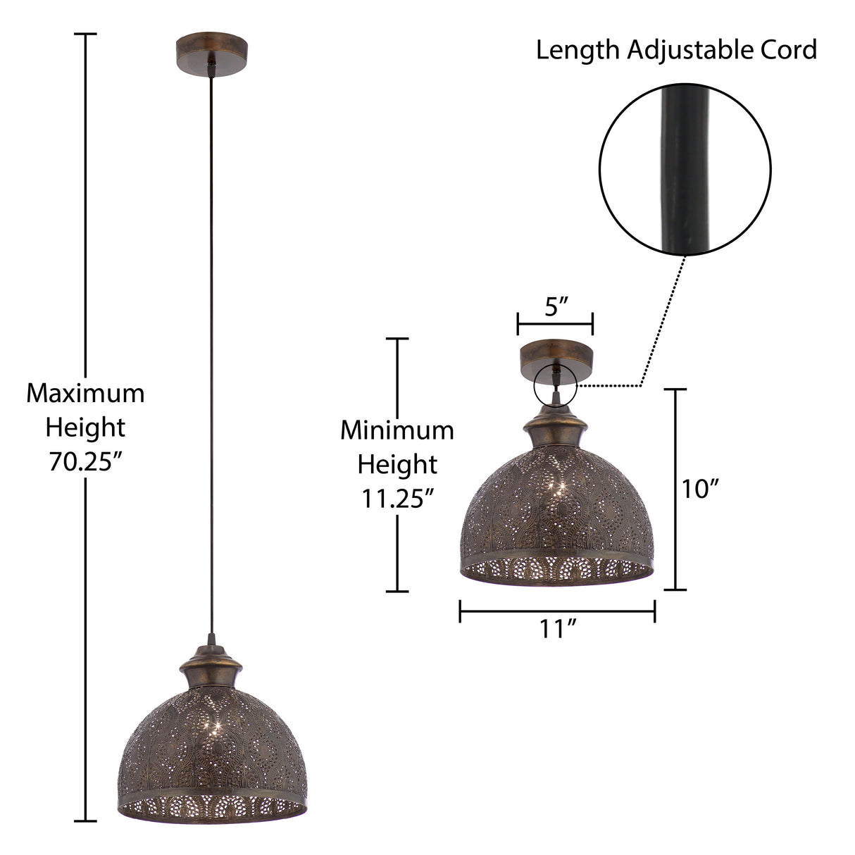 Sigrid River of Goods Antique Bronze Metal Bowl-Shade Pendant Lamp - 11" x 11" x 11.25/70.25"