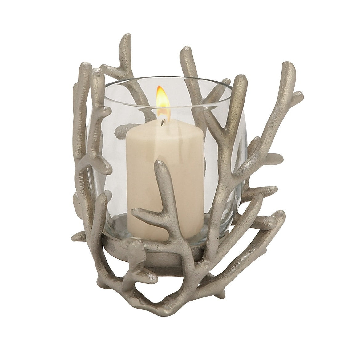 Silver Aluminum Metal Pillar Hurricane Lamp with Coral Design