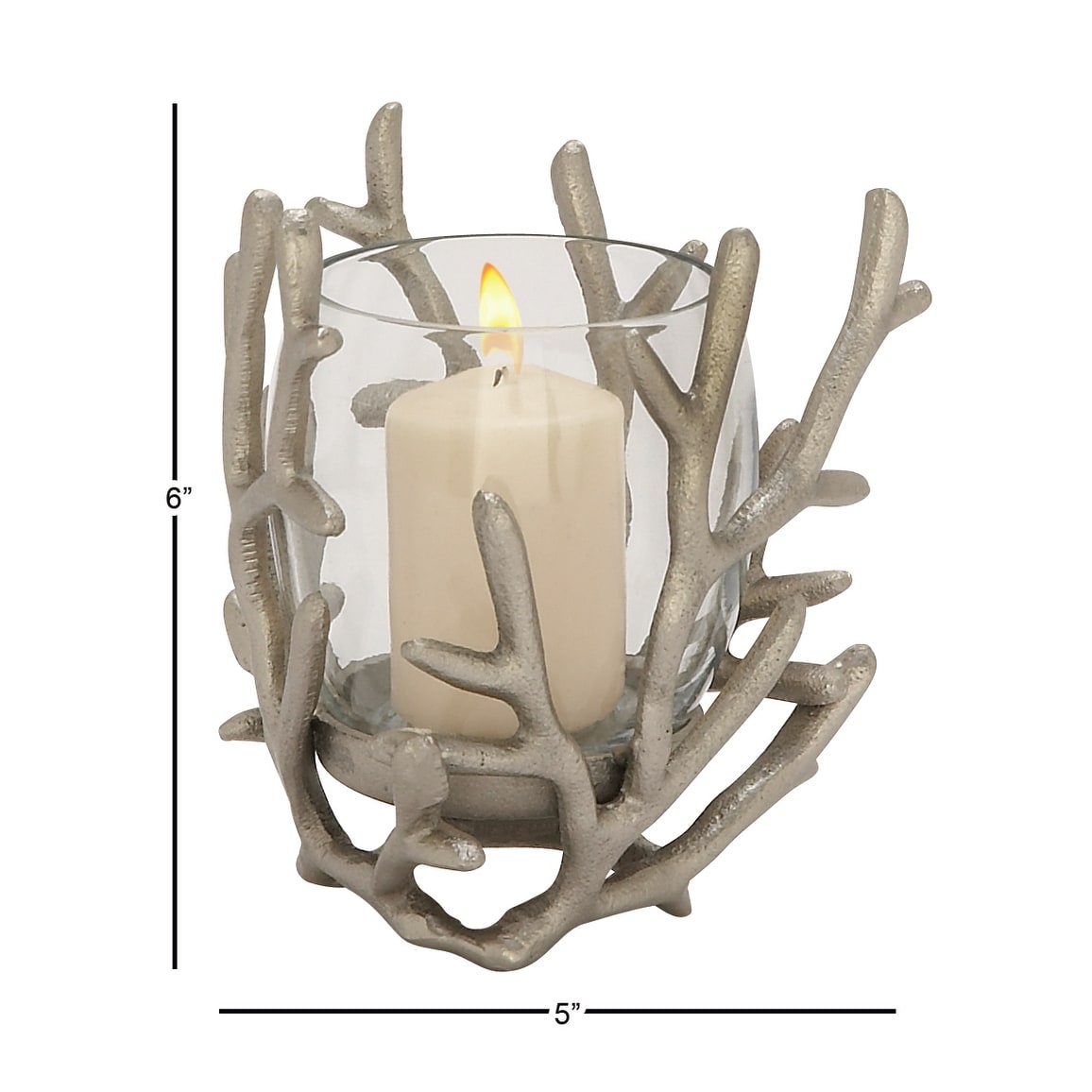 Silver Aluminum Metal Pillar Hurricane Lamp with Coral Design