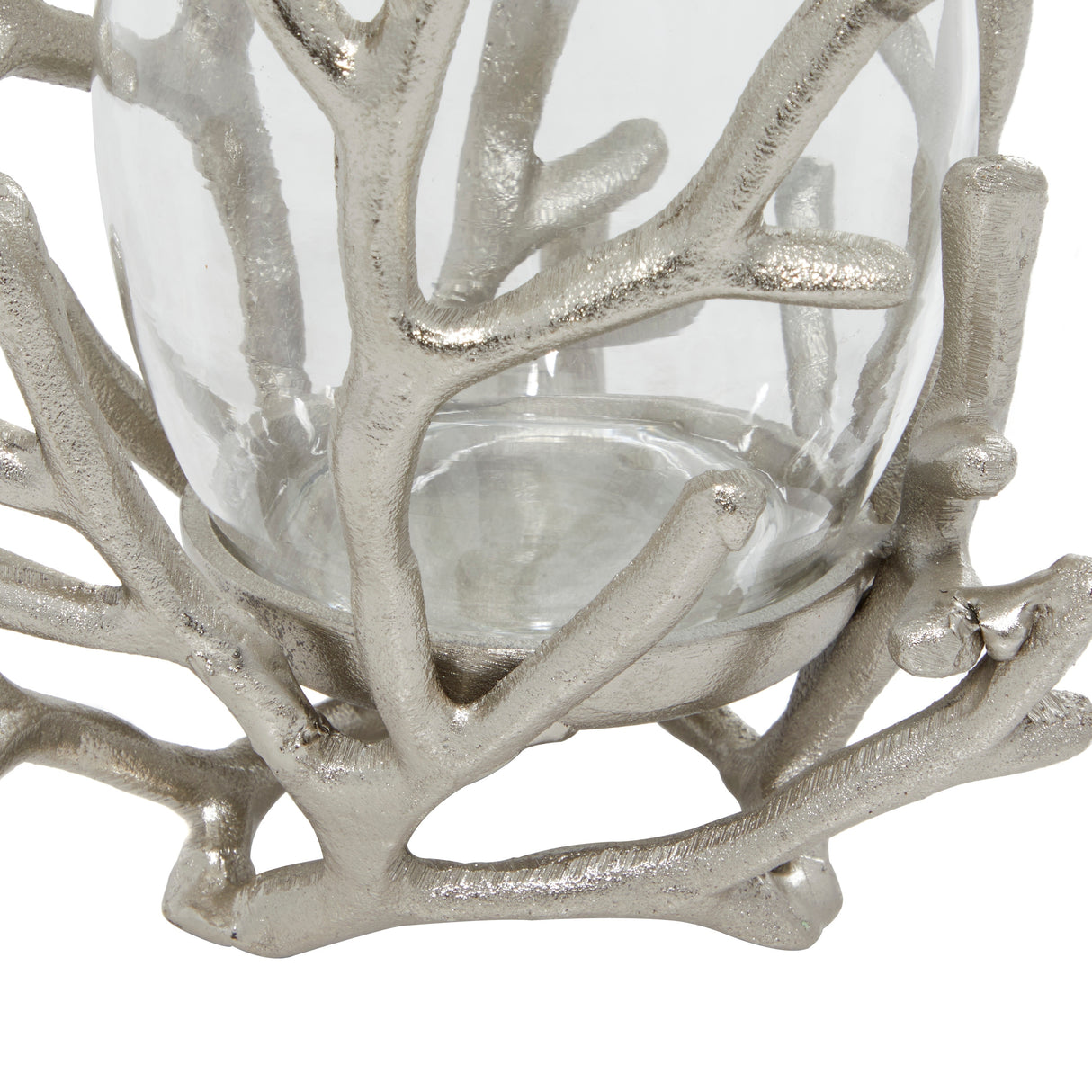 Silver Aluminum Metal Pillar Hurricane Lamp with Coral Design