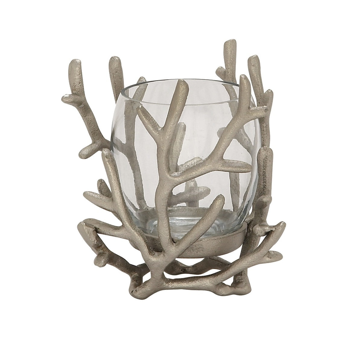 Silver Aluminum Metal Pillar Hurricane Lamp with Coral Design