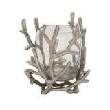 Silver Aluminum Metal Pillar Hurricane Lamp with Coral Design