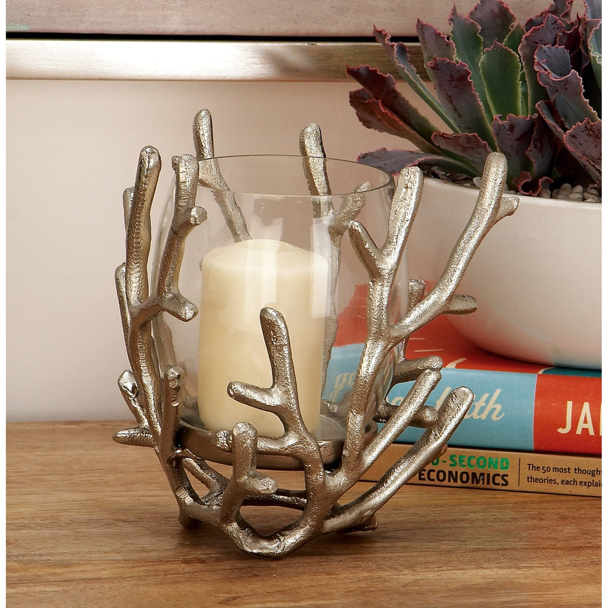 Silver Aluminum Metal Pillar Hurricane Lamp with Coral Design