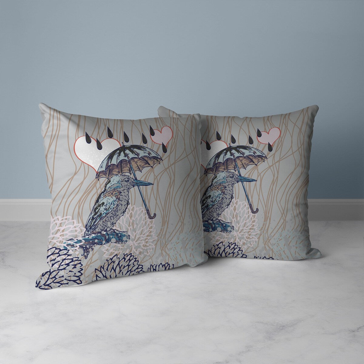 Silver And Brown Bird with Umbrella Faux Suede Throw Pillow