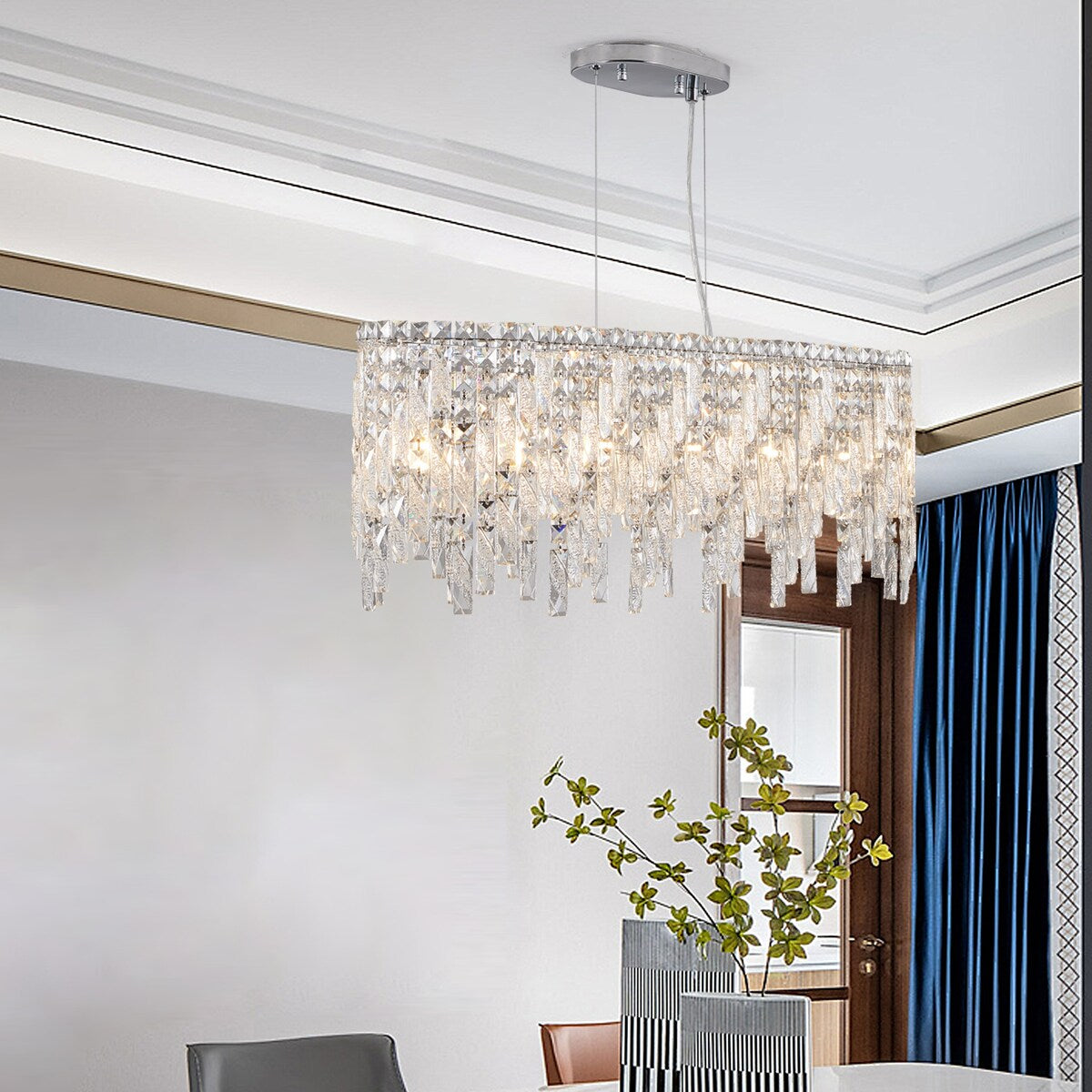 Silver Elegant Oval Crystal Chandelier, Modern Ceiling Light Fixture with Reflective Hanging Crystals for Dining Room
