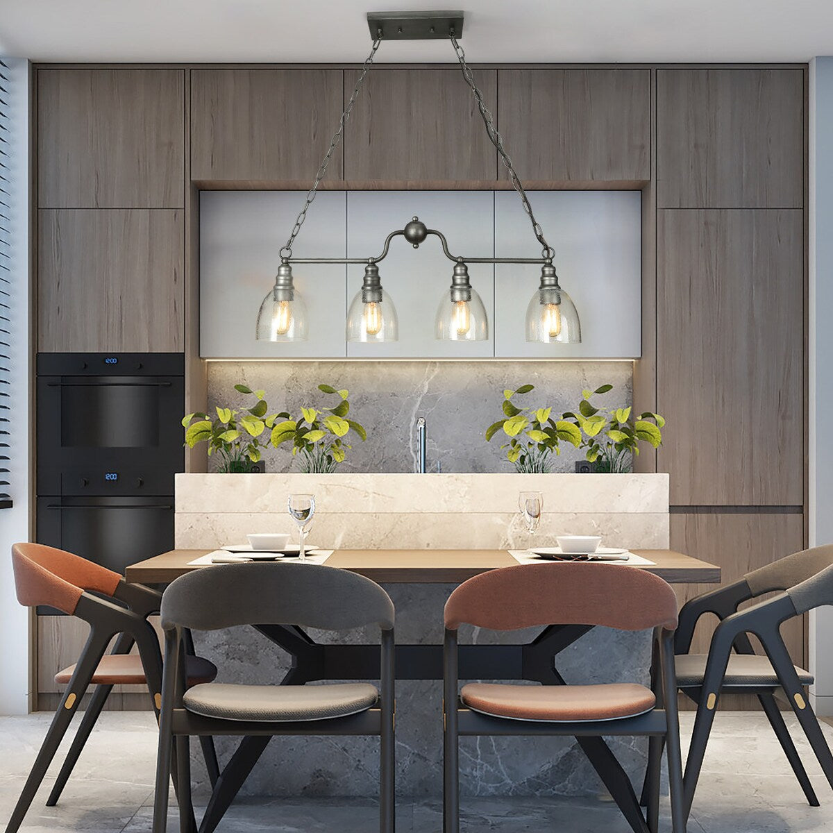 Silver Farmhouse Rustic Linear 4-Light Chandelier 32-inch Glass Dining Room Kitchen Island Pendant Lights - L32"x W 5"x H 12"