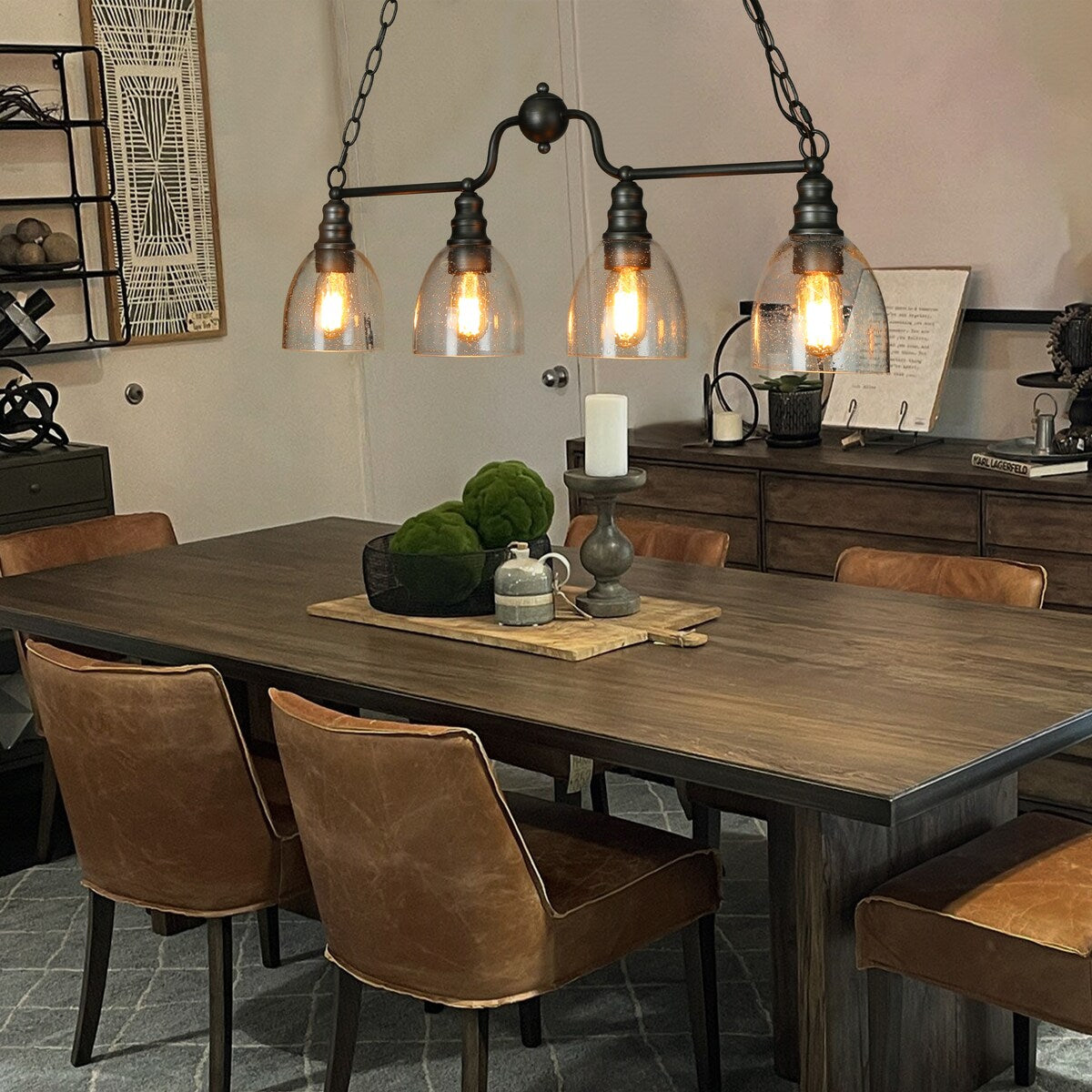 Silver Farmhouse Rustic Linear 4-Light Chandelier 32-inch Glass Dining Room Kitchen Island Pendant Lights - L32"x W 5"x H 12"