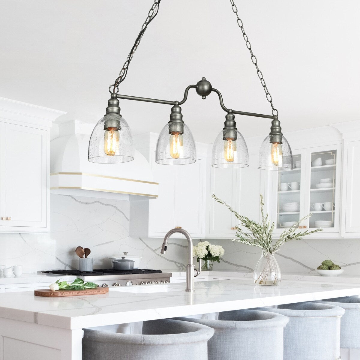 Silver Farmhouse Rustic Linear 4-Light Chandelier 32-inch Glass Dining Room Kitchen Island Pendant Lights - L32"x W 5"x H 12"