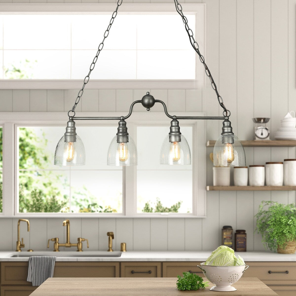Silver Farmhouse Rustic Linear 4-Light Chandelier 32-inch Glass Dining Room Kitchen Island Pendant Lights - L32"x W 5"x H 12"