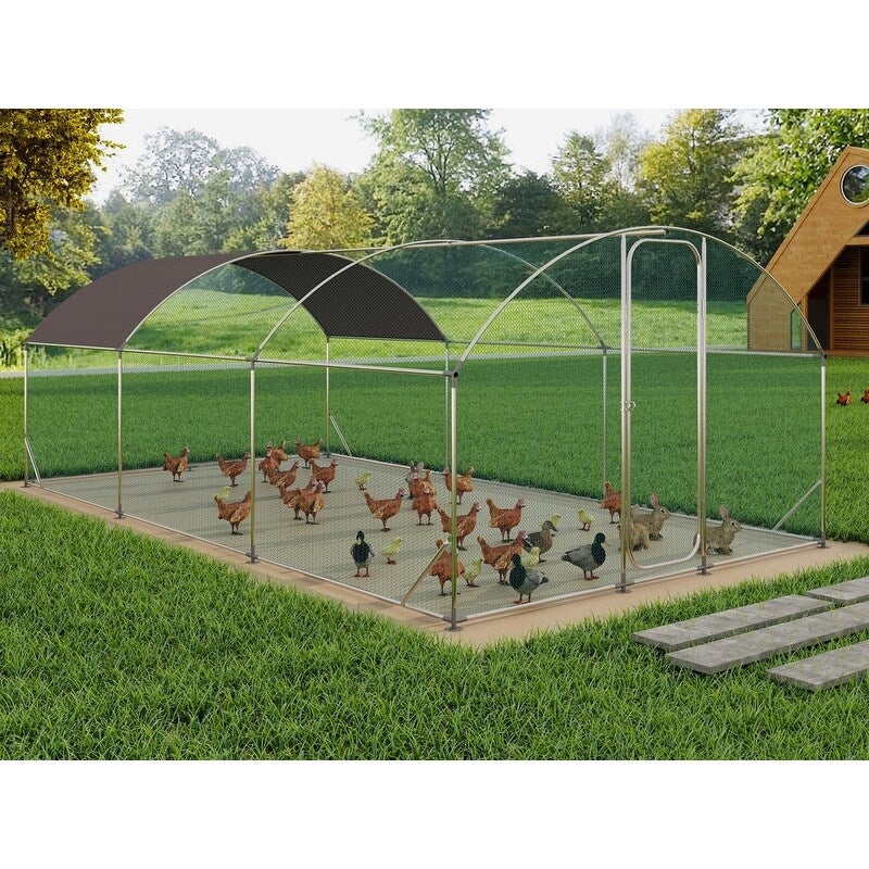 Silver Large Metal Chicken Coop with Run,Walkin Poultry Cage for Yard with Waterproof Cover
