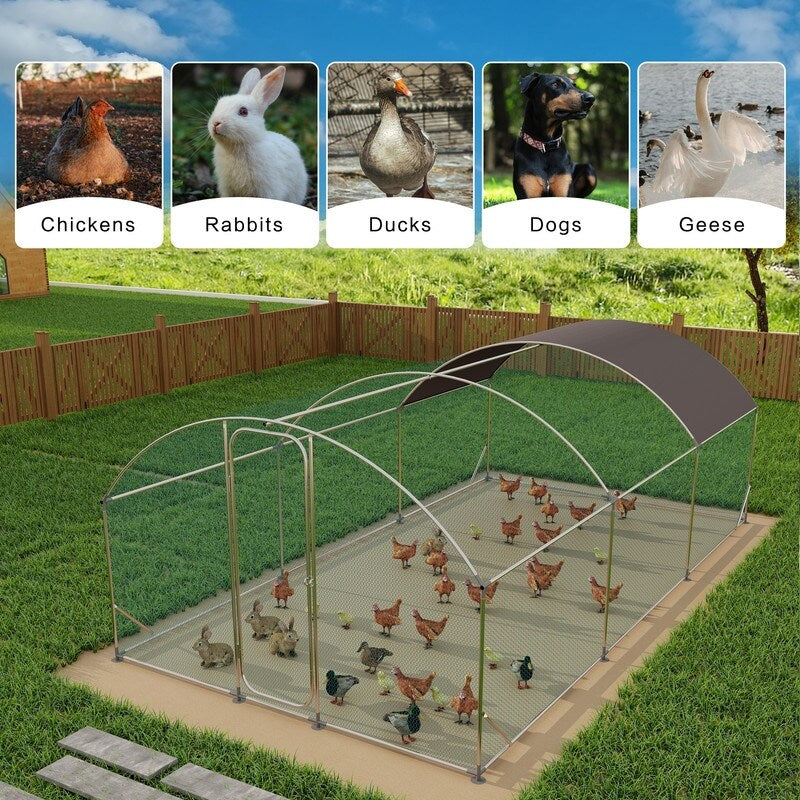 Silver Large Metal Chicken Coop with Run,Walkin Poultry Cage for Yard with Waterproof Cover