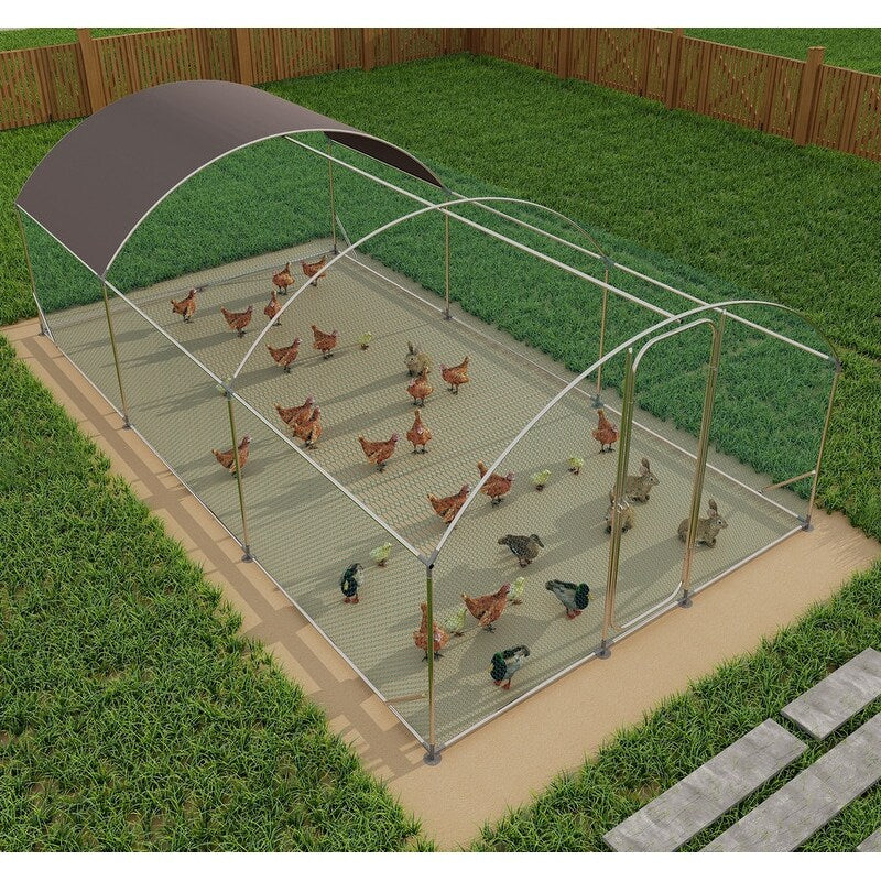 Silver Large Metal Chicken Coop with Run,Walkin Poultry Cage for Yard with Waterproof Cover