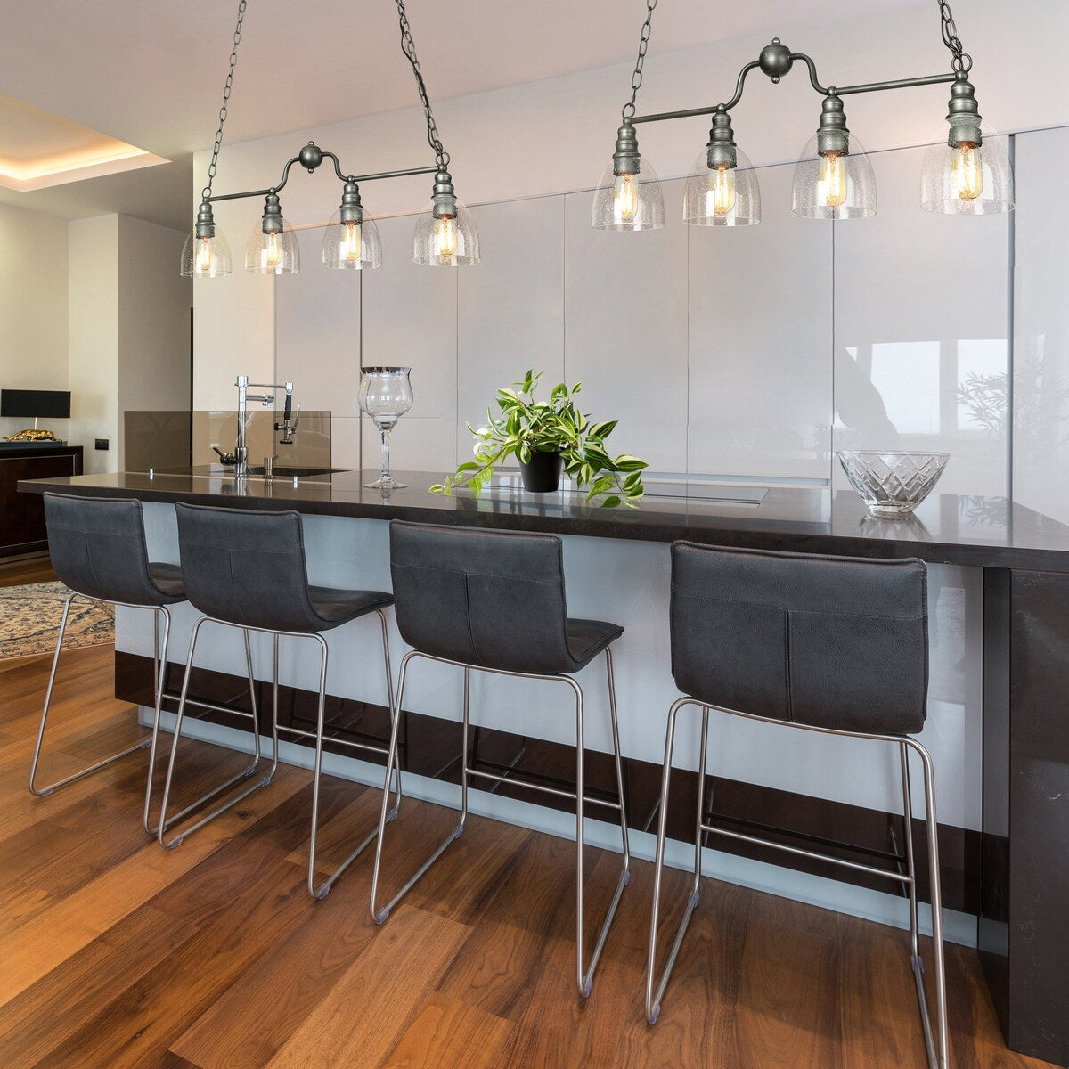 Silver Farmhouse Rustic Linear 4-Light Chandelier 32-inch Glass Dining Room Kitchen Island Pendant Lights - L32"x W 5"x H 12"