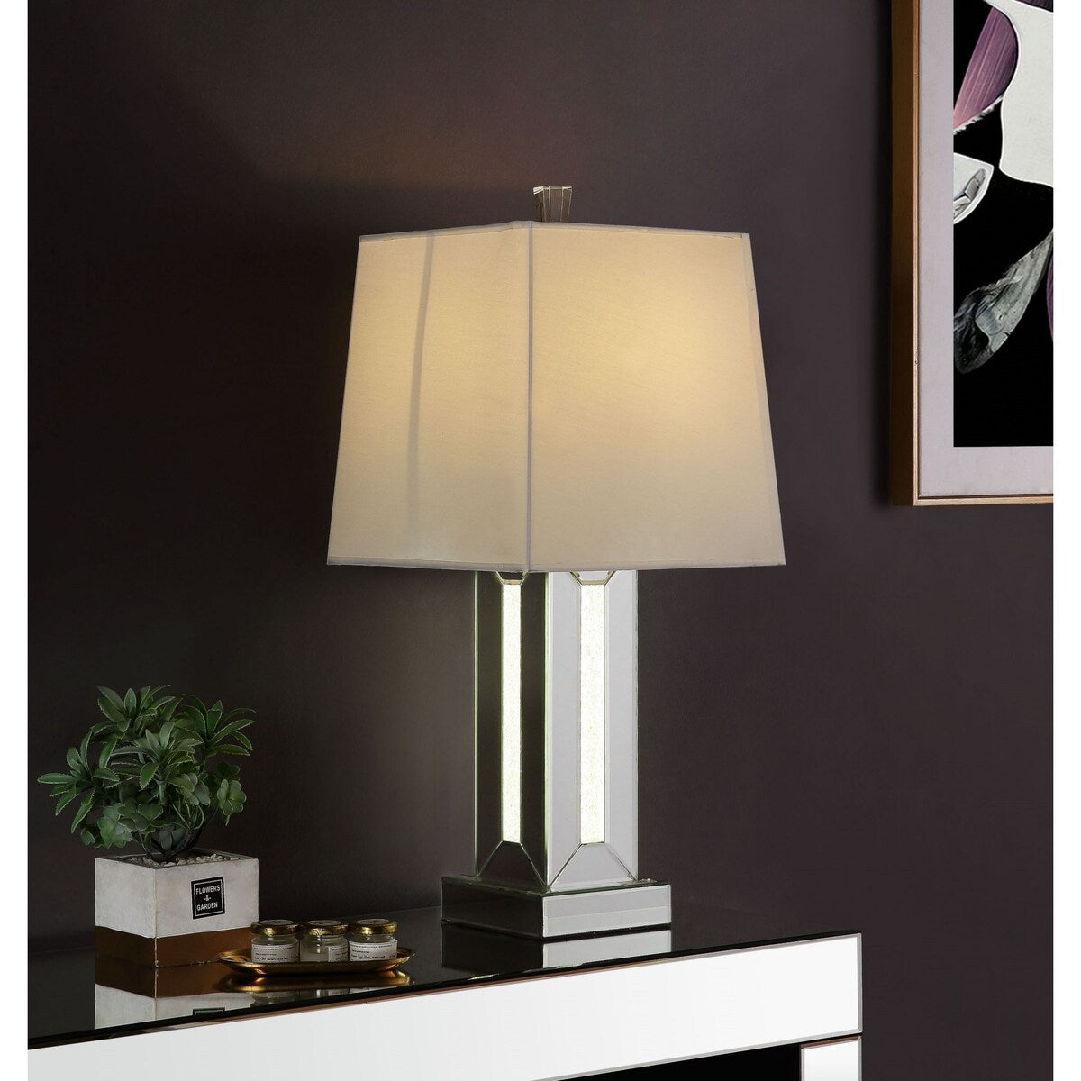 Silver Mirror Table Lamp and Engineered Stone
