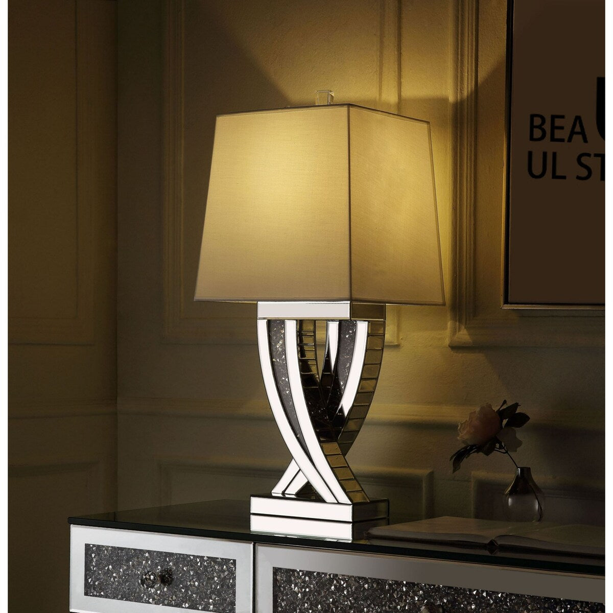 Silver Mirrored and Faux Diamonds Table Lamp