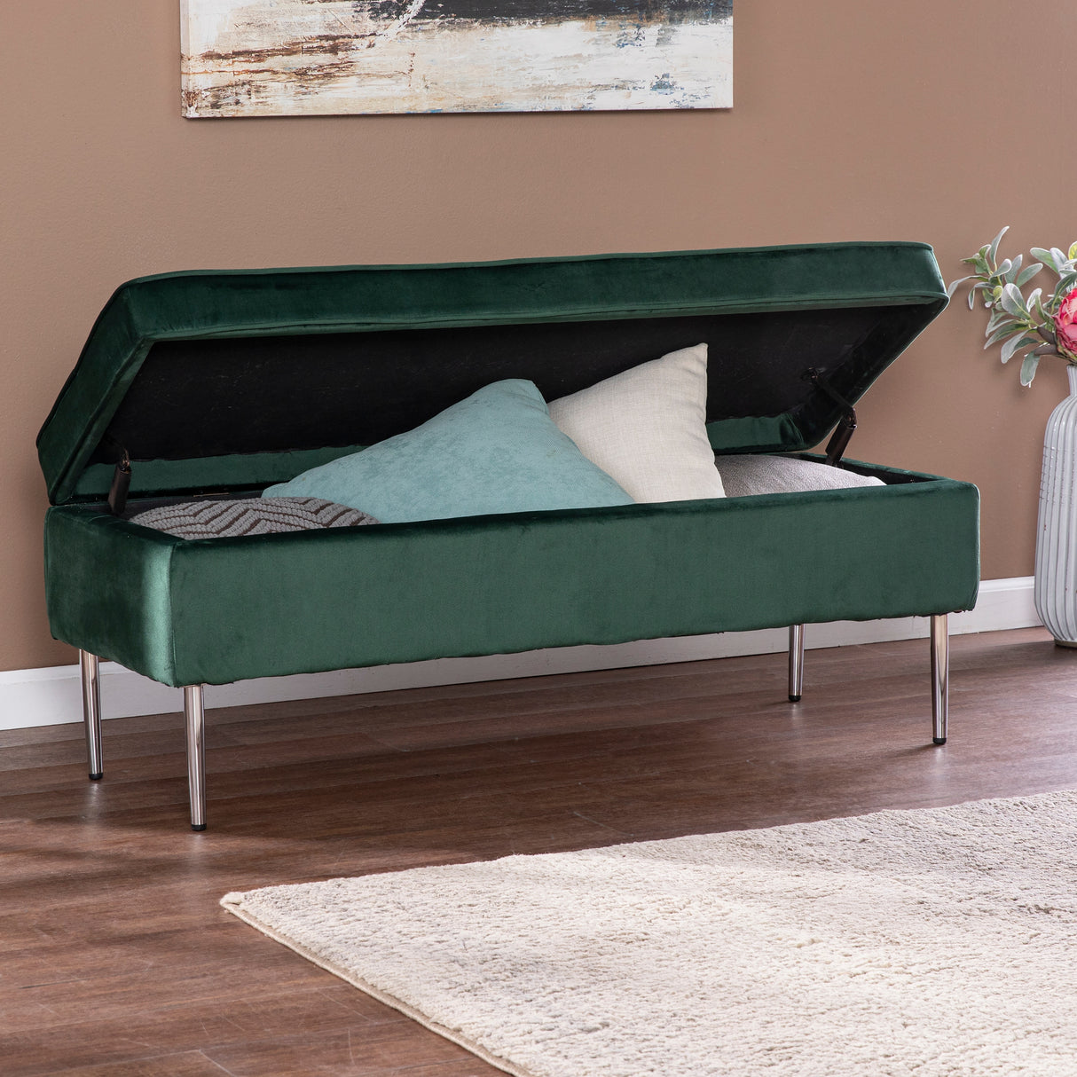 Transitional Green Fabric Storage Bench