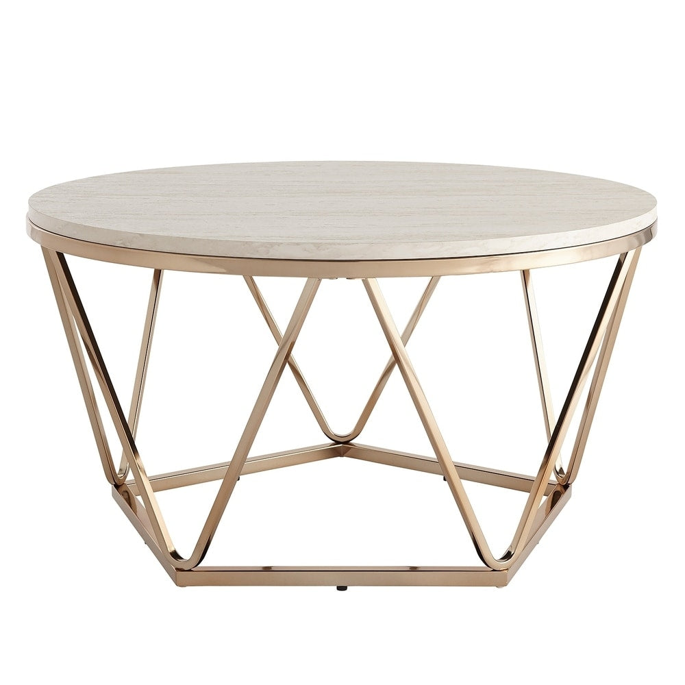 SEI Furniture Henderson Modern Faux Marble Round Coffee Table with Gold Geometric Base