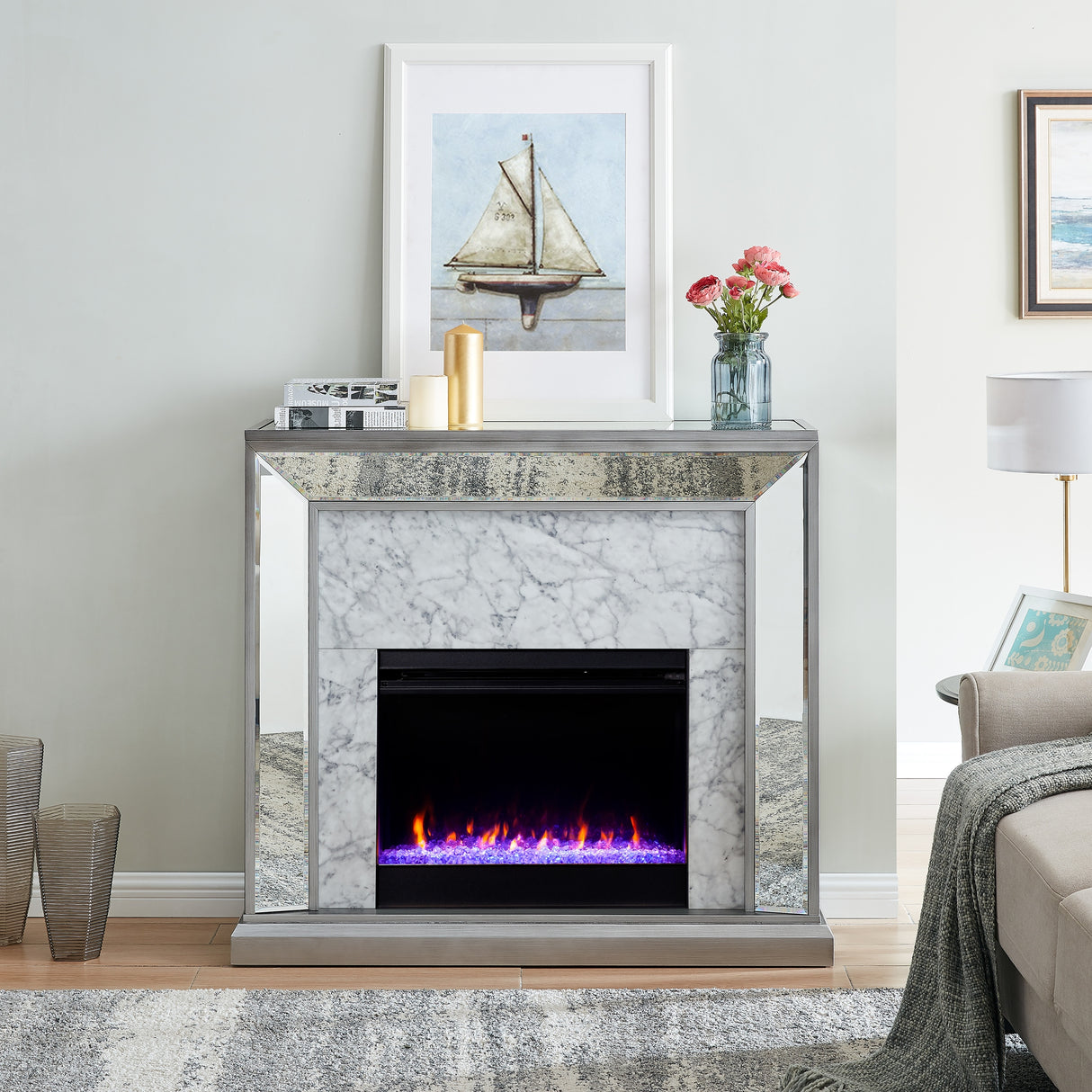 SEI Furniture Tranton Contemporary Color Changing Electric Fireplace with a Mirrored and Faux Marble Mantel