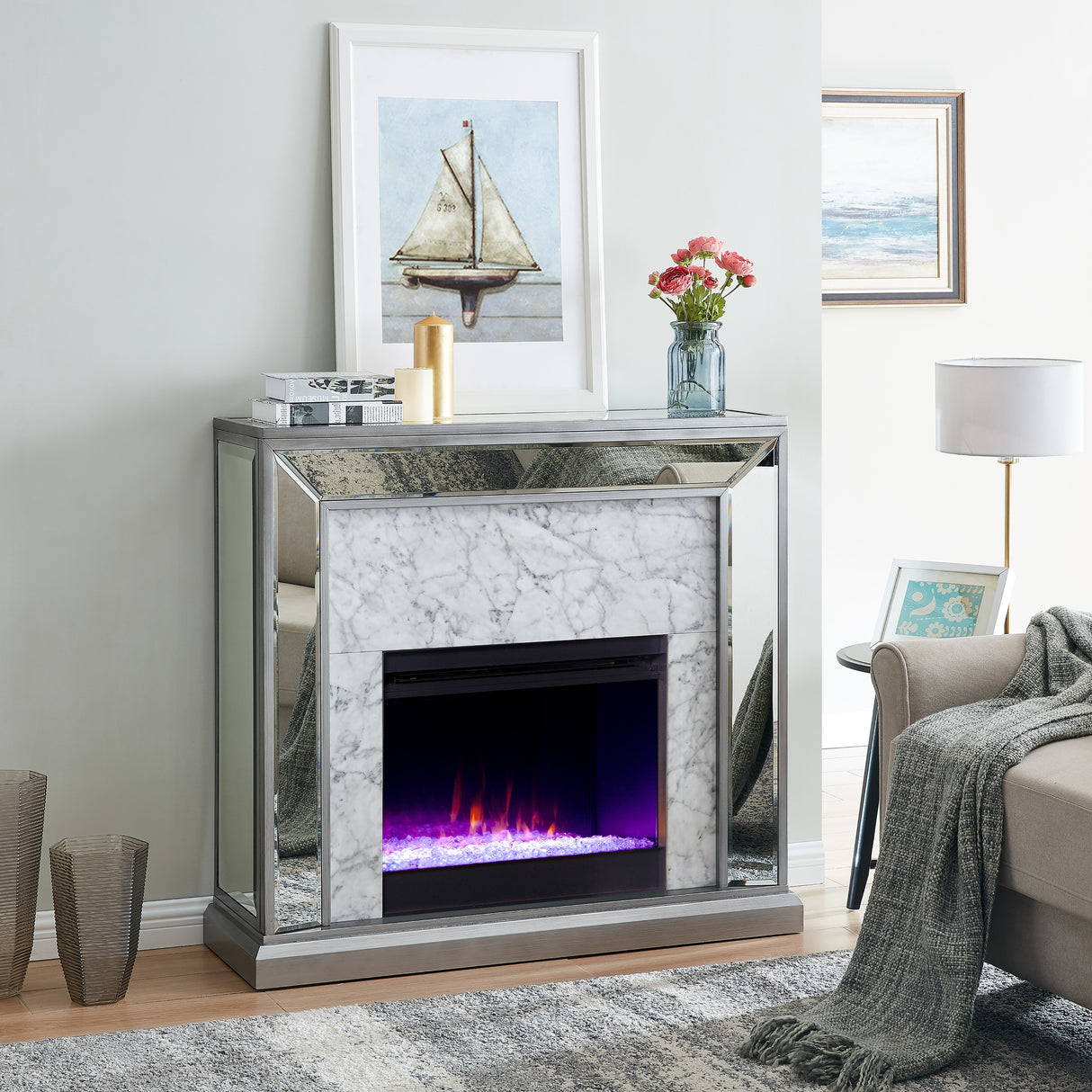 SEI Furniture Tranton Contemporary Color Changing Electric Fireplace with a Mirrored and Faux Marble Mantel